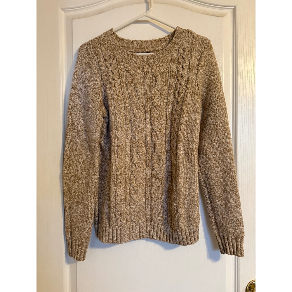 Tommy Hilfiger Cable Knit Sweater Womens S Tan Elbow Patch Crewneck Fishernam